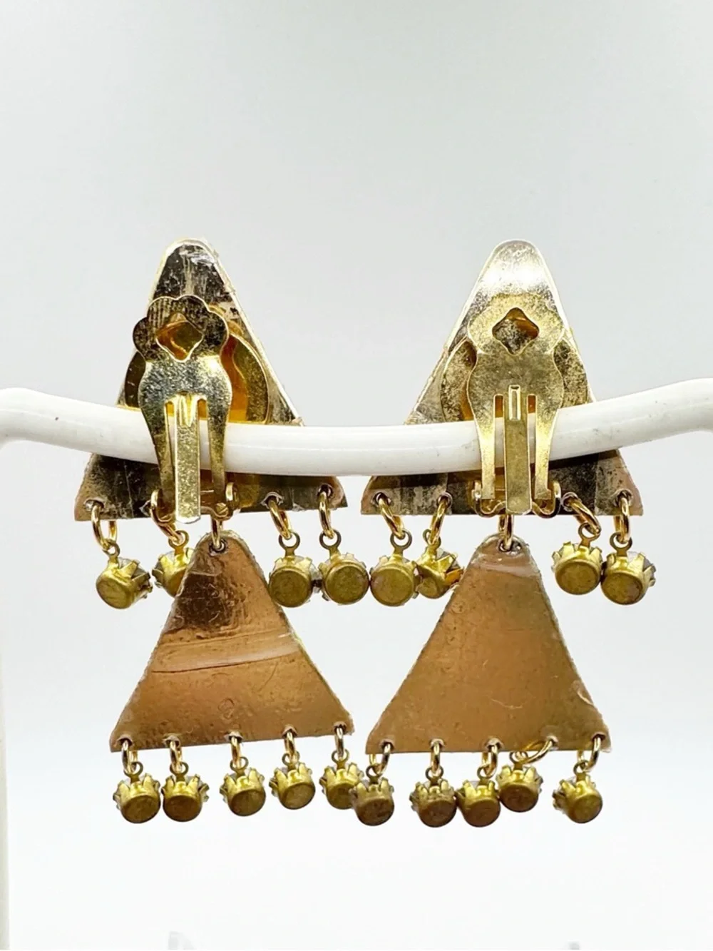 80s Vintage Yellow Resin Triangle‎ Drop Earrings with Holographic AB Crystals
